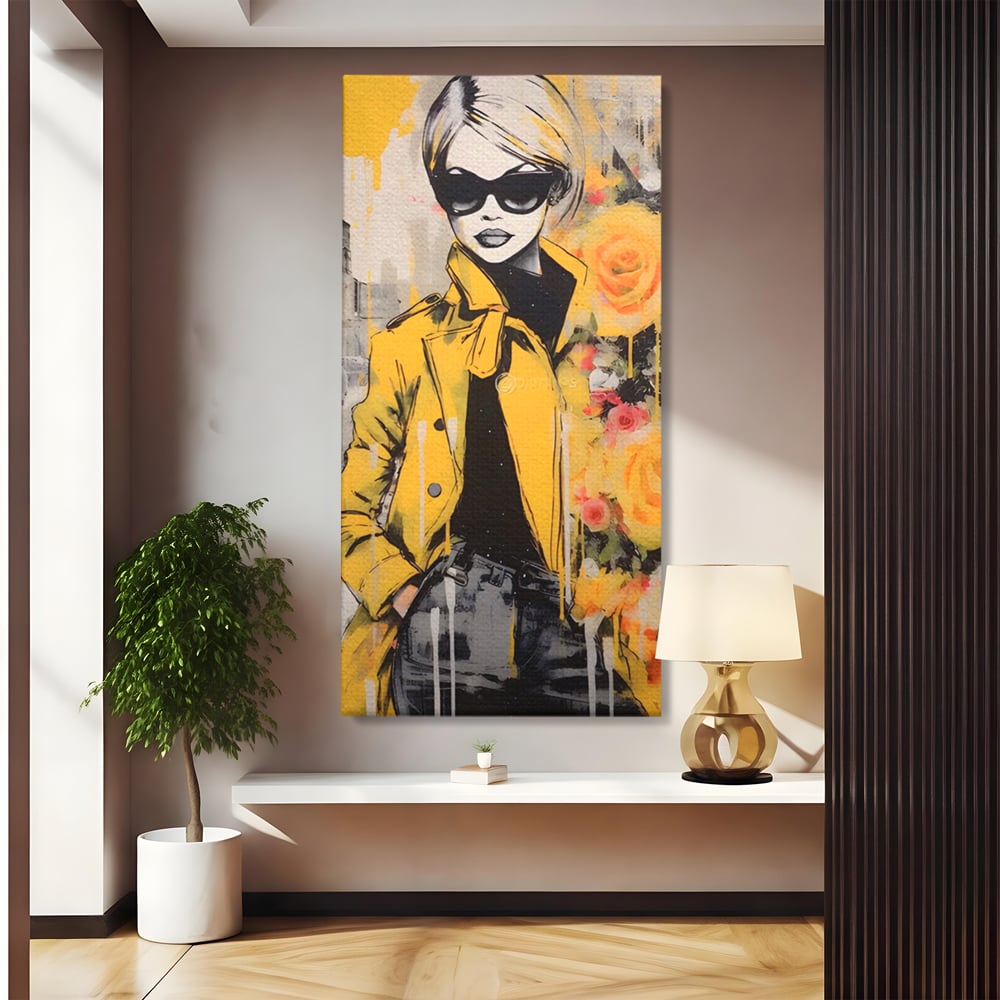 Tablou canvas cu tablou canvas cu femeie in jacheta galbena, fara rama, pe sasiu de lemn